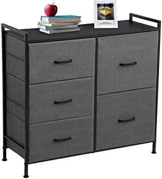 KINGSO Fabric 5 Drawer Dresser Storage Tower Organizer Unit with Sturdy Steel Frame and Easy-Pull Faux Linen Drawers for Bedroom Living Room Guest Room Dorm Closet - Dark Gray