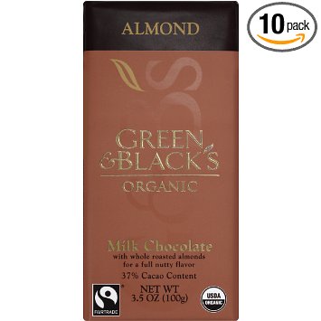Green & Black's Organic Milk Chocolate with Almonds, 37% Cacoa, 3.5 Ounce Bars (Pack of 10)