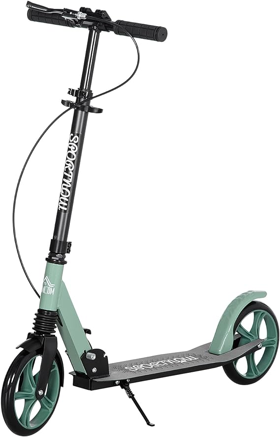 HOMCOM Patinete Plegable para Adultos y Niños de  14 Años Scooter con Manillar Ajustable Grandes Ruedas de 200 mm Amortiguador y Freno Aluminio Carga 100 kg 91,5x36,5x91-104 cm Verde