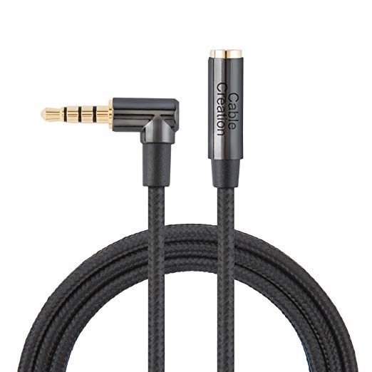 Headphone Extension, CableCreation 1.5FT 3.5mm Male to Female TRRS Audio Stereo Cable,Right Angle Auxiliary HiFi Cable with Silver-Plating Copper,24K Gold Plated, (Microphone Compatible),Black