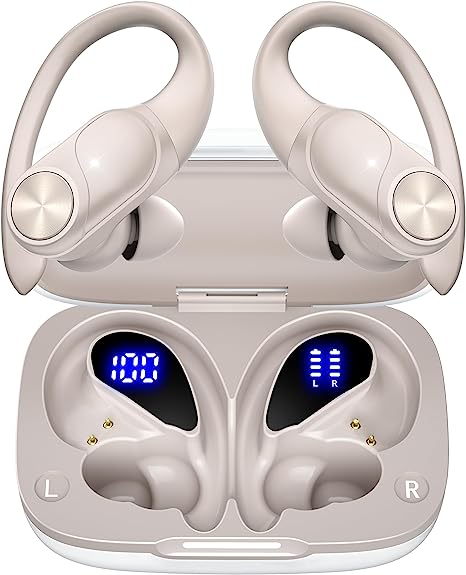 Bluetooth Headphones Wireless Earbuds 80hrs Playtime Wireless Charging Case Digital Display Sports Ear buds with Earhook Waterproof Over-Ear Earphones for TV Phone Laptop Contrast Color (Pearl Gray)