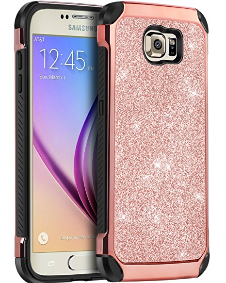 Galaxy S6 Case, S6 Case, BENTOBEN 2 in 1 Luxury Glitter Bling Hybrid Slim Hard Covers Sparkly Shiny Faux Leather Chrome Shockproof Protective Case for Samsung Galaxy S6 (G920), Rose Gold