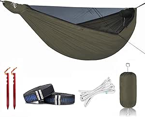 Onewind 12Ft Camping Hammock with Mosquito Net and Structure Ridgeline, Lightweight Portable Double Hammock with 12ft Tree Straps and Bugnet, Ideal for Wild Camping, Hiking, Backpacking, OD Green