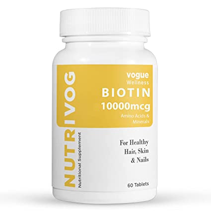 Vogue Wellness Biotin - Nutrivog Biotin Supplements 10000mcg Per Serving for Hair Growth, Biotin Tablets to Strengthen Hair, Reduce Nail Brittleness and For Glowing Skin | 60 Tablets