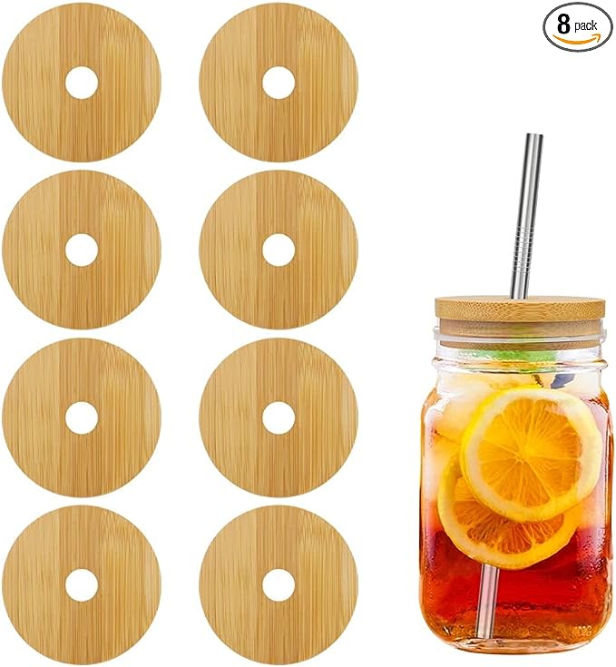Picowe 8 Pack Bamboo Lids with Straw Hole for Regular Standard Mouth Mason Jar Storage Canning Jar Lids Ball Jars(Jars not included)
