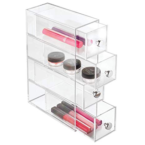 InterDesign 4 Plastic Vanity, Compact Narrow Storage Organization Drawers Set for Cosmetics, Dental Supplies, Hair Care, Bathroom, Dorm, Desk, Countertop, Office, 2.75" x 7" x 10" Clear