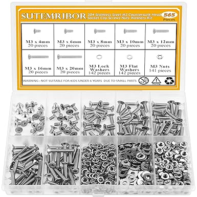 565 Pieces M3 Screws Nuts Washers Set, Sutemribor M3 x 4/6/8/10/12/16/20mm Countersunk Head Socket Cap Screws Nuts Washers Assortment Kit, 304 Stainless Steel, Fully Threaded