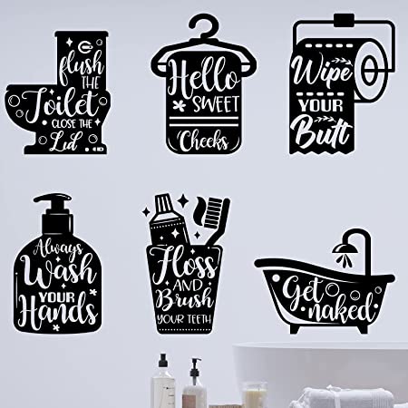 6 Pieces Bathroom Wall Decals Sticker Bathroom Funny Sayings Quotes Wall Decor Vinyl Rules Sign Wall Art Decals for Toilet Bathroom Laundry Room Shower Room Decoration