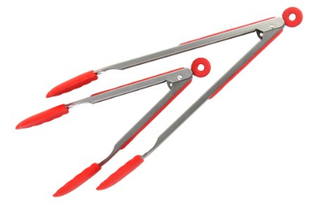SugarFox Ergonomic Silicone Tongs - 12-Inch and 9-Inch 2 Pack - Red  Steel
