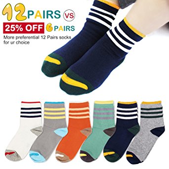 Queen-Ks Kids Boys and Girls Three Bars Toddler Striped Athletic Contrast Crew Cotton Socks Non Skid Sports Ankle Seamless