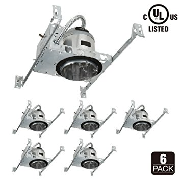 TORCHSTAR 4 Inch New Construction Recessed Housing, IC Rated Air Tight Ceiling Downlight Can with Junction Box, E26 Screw Base, UL-listed, Aluminum, Pack of 6