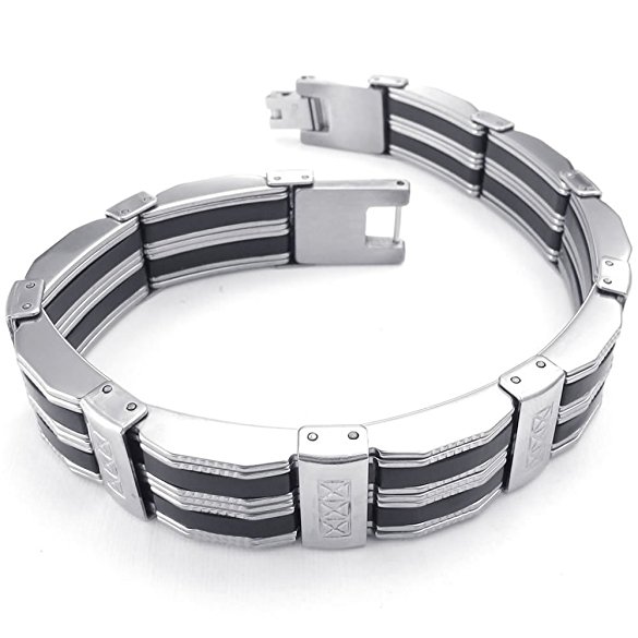 KONOV Mens Stainless Steel Bracelet, Biker Link Cuff Bangle, Black Silver