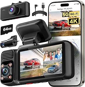 REDTIGER 4K 3 Channel Dash Cam 5G WiFi Built-in GPS with 64GB Card with 11.5Ft USB Type-C Power Cord