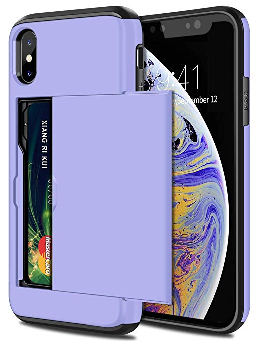 SAMONPOW Wallet Case for iPhone X Case with Card Holder Protective Case Dual Layer Shockproof Hard PC Soft Hybrid Rubber Anti Scratch Case for iPhone X iPhone Xs iPhone 10 5.8 inch Light Purple