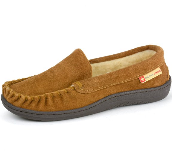 Alpine Swiss Yukon Mens Suede Shearling Slip On Moccasin Slippers