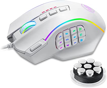 Redragon M901 Gaming Mouse RGB Backlit MMO 18 Macro Programmable Buttons with Weight Tuning Set, 12400 DPI for Windows PC Computer (Wired, White)