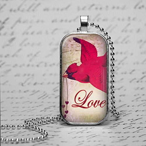 Love - Cardinal Bird Valentine Silver Bezel Glass Tile Pendant Necklace