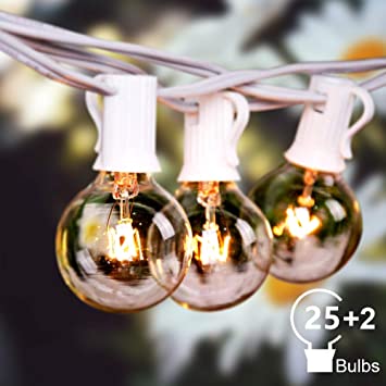 Bomcosy Outdoor String Lights, 50Ft G40 Globe String Lights with 25 2pcs(Spare) 5W Clear Bulbs, 2200K Warm White, Waterproof Connectable Commercial Backyard Patio Lights, 25pcs E12 Socket Base,White.
