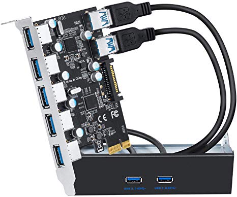 QNINE Superspeed 7 Ports USB 3.0 PCIe Expansion Card, PCIe USB 3.0 Card Include 5.25'' USB 3.0 Front Panel Hub and 2 Power Cables for Windows XP/Vista/7/8/10/Linux