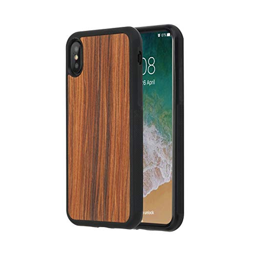 iPhone X Wood Case, Ecante TPU Rubber Bumper Non Slip Shockproof with Real Solid Wood Case for Apple iPhone X