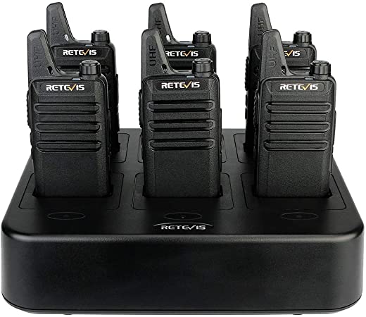 Retevis RT22 Walkie Talkie Rechargeable 16 Channel Small Hands-Free 2 Way Radios (6 Pack) with 6 Way Multi Gang Charger