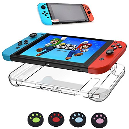 HuonGoo Hard Back Cover Case Crystal Protector for Nintendo Switch 2017  high-definition Glass Screen Protector for Switch  4 Pieces Anti-slip Thumb Stick Caps Gel Guards for Joy-con Controller