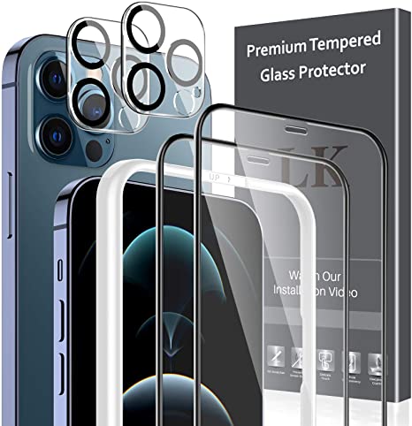 4 Pack LK 2 Pack Screen Protector   2 Pack Camera Lens Protector Compatible with iPhone 12 Pro Max 6.7-inch, 9H Tempered Glass, Full Coverage, Shatterproof, Come with Easy Frame Installation Tray