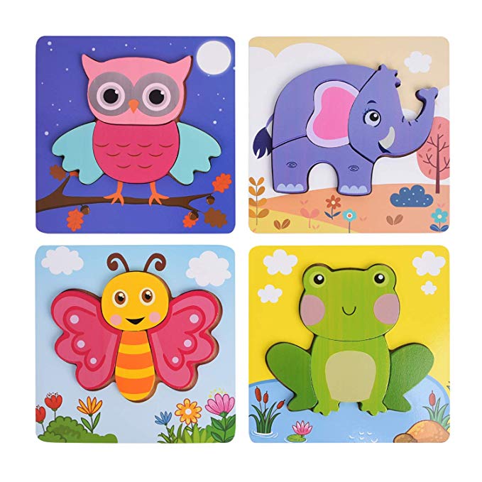 XREXS Wooden Jigsaw Puzzles for Toddlers, Bright Color Animal Shapes Puzzles Educational Learning Toys Gift for Babies Boys Girls 4 Packs