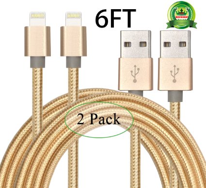 Abloom 2pcs 6ft Lightning Cable Nylon Braided Charging Cable Extra Long USB Cord for iphone 6s,6s plus,6plus,6,5s 5c 5,iPad Mini, Air,iPad5,iPod 7on iOS9.(Gold)