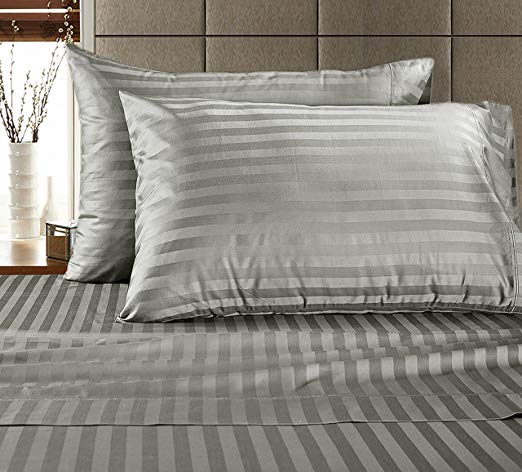 CHATEAU HOME COLLECTION Chateau Home Hotel Collection - Luxury 500 Thread Count 100% Egyptian Cotton Damask Stripe Deep Pocket Super Soft Sateen Weave Sheet Set, Mega Sale Lowest Prices, King-Silver