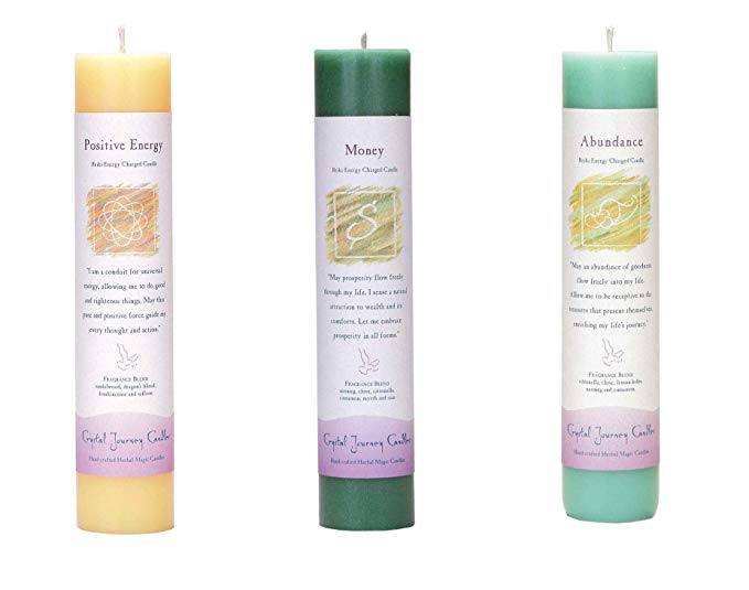 Crystal Journey Reiki Charged Herbal Magic Pillar Candle Wealth and Health Bundle (Positive Energy, Money, Abundance)