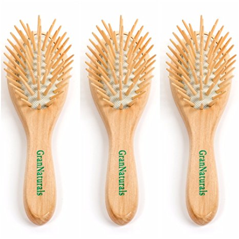 GranNaturals Detangling Wooden Bristle Hair Brush - Small, Travel Size (Pack of 3)