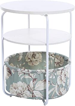 Garwarm 3-Tier Round Side Table End Table Nightstand with Fabric Storage Basket, Modern Studio Collection for Small Spaces Bedroom Living Room, 16.5 × 16.5 × 21 in(LWH)