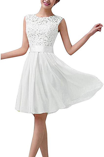 Lrady Women's Lace Chiffon A-line Sleeveless Cocktail Formal Wedding Bridesmaid Short Mini Dress Skirt