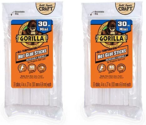 Gorilla Hot Glue Sticks, Mini Size, 4" Long x .27" Diameter, 30 Count, Clear, (Pack of 2)