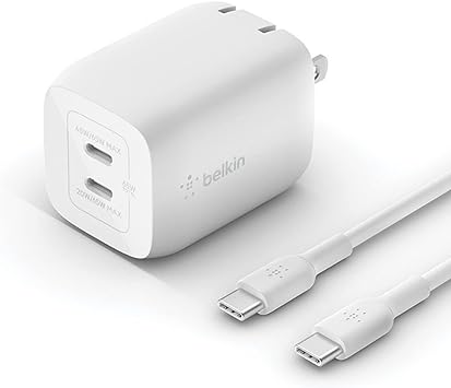 Belkin BoostCharge Pro 65W Dual USB-C GaN Wall Charger, Multi-Port Charger w/ 2X USB-C PD 3.0 Fast Charge Ports for MacBook, iPhone, iPad, Galaxy, Google Pixel, & More   USB-C to USB-C Cable - White