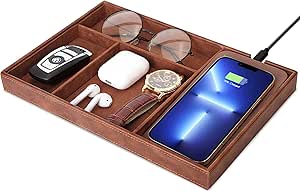 Valet Tray, Nightstand Organizer with Wireless Charging Pad, Key Tray, EDC Dump Catchall Trays, Dresser Top Organizer, Mens Jewelry Box, Faux Leather Valet Tray for Men and Women, Brown