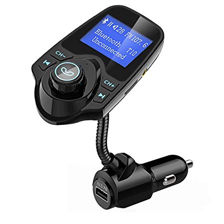 Bluetooth FM Transmitter, TopElek Wireless in-Car Radio Adapter Receiver, Handsfree Car Kit Music Player with 3.5mm Audio Port, Support TF Card, Car Charger for Smartphones and Tablets, 1.44'' Screen