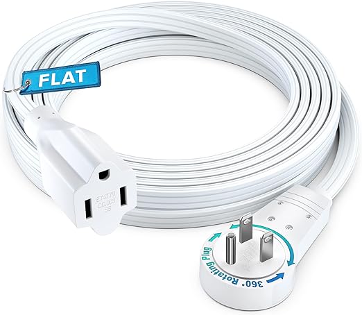 Maximm 360° Rotating Flat Plug Extension Cord 10 feet Flat Extension Cord Under Carpet with Slim Space-Saving Plug Design, Low Profile Extension Cord (White)