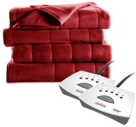 Sunbeam Heated Electric Blanket Quilted Fleece Queen Size Garnet