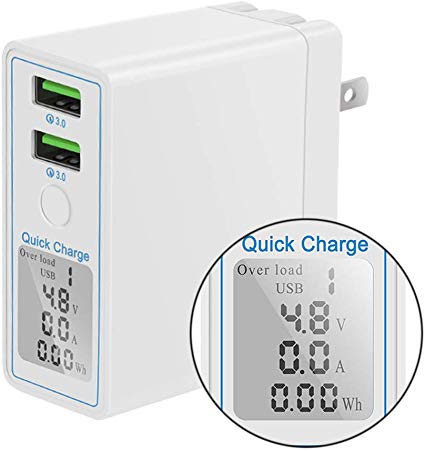Quick Charge 3.0 USB Wall Charger, Dual Port 36W Wall Charger with LED Display, and Foldable Plug, for Samsung Galaxy Note8/S8, iPhone X / 7/8 Plus, iPad Pro/Air 2 and More
