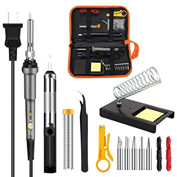 LIUMY Full Set Soldering Iron Kit Electronics, 60W 110V-Adjustable Temperature, 5pcs Different Tips, Desoldering Pump, Tin Wire Tube, Stand, Tweezers, Wire Stripper Cutter, 2pcs Electronic Wire