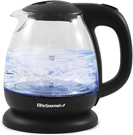 Elite Gourmet EKT1001 Electric BPA-Free Glass Kettle, Cordless 360° Base, Stylish Blue LED Interior, Handy Auto Shut-Off Function – Quickly Boil Water For Tea & More, 1L, Black