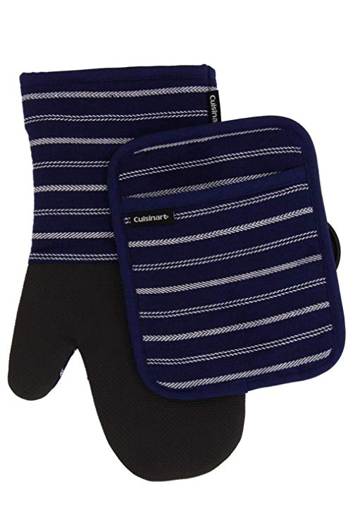 Cuisinart Neoprene Oven Mitts and Potholder Set -Heat Resistant Oven Gloves to Protect Hands and Surfaces with Non-Slip Grip, Hanging Loop-Ideal for Handling Hot Cookware Items, Twill Stripe Navy Aura