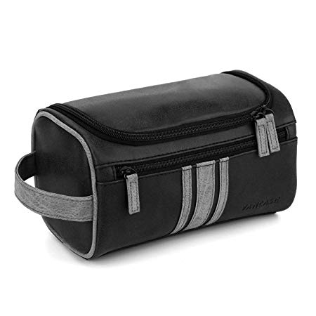 Vancase Toiletry Bag for Men Vintage Leather Dopp Kit Hanging Shaving Bag Portable Bathroom Shower Organizer for Travel Accessories (Black)
