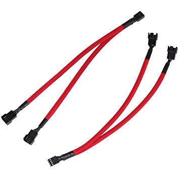 JBtek All Red Sleeved PWM Fan Splitter Cable 1 to 2 Converter, 2 Pack