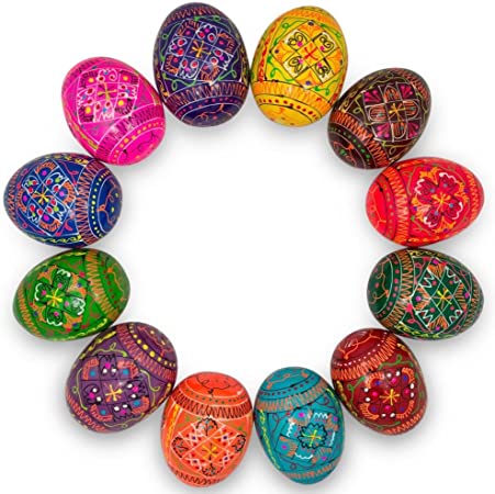 Set of 12 Hand Painted Wooden Pysanky Ukrainian Easter Eggs 2.5 Inches