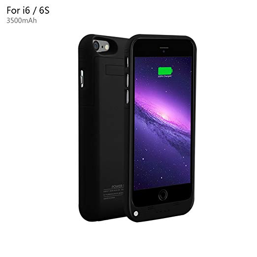 YHhao 3500mAh Charger Case for iPhone 6 / 6s Slim Extended Battery Case Portable Cell Phone Battery Charger Back up Power Bank Rechargeable Charger Case with Stand 4.7" for iPhone 6/6s (3500,Black2)