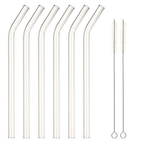 GINOVO 180mm 8mm Reusable Transparent Bent Glass Drinking Straws, Set of 6 with 2 Cleaning Brushes