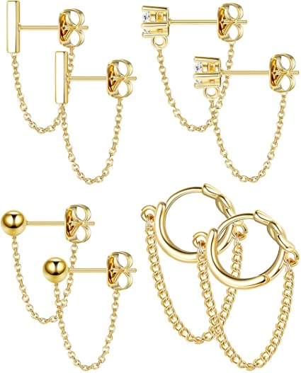 YADOCA 4 pairs Copper Chain Stud Earrings Set for Women CZ Dangle Earrings Ball Stud Earring Bar Stud Earrings Huggie Hoop Piercing Earrings Stainless Steel Ear Pins